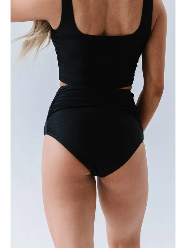 PREORDER: Black High Waisted Ruched Swim Bottoms