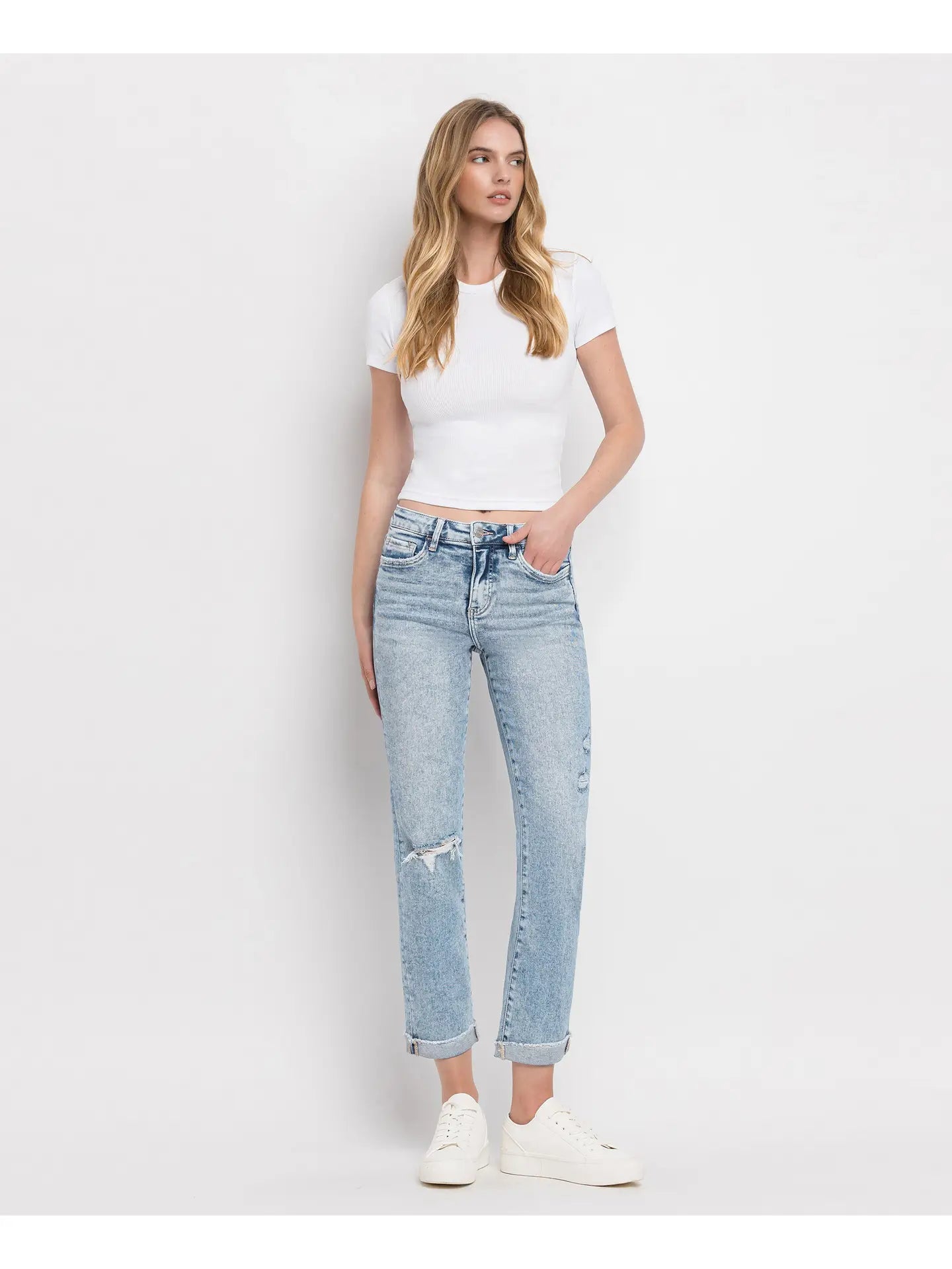 PREORDER: Tummy Control High Rise Cuff Slim Straight Jeans