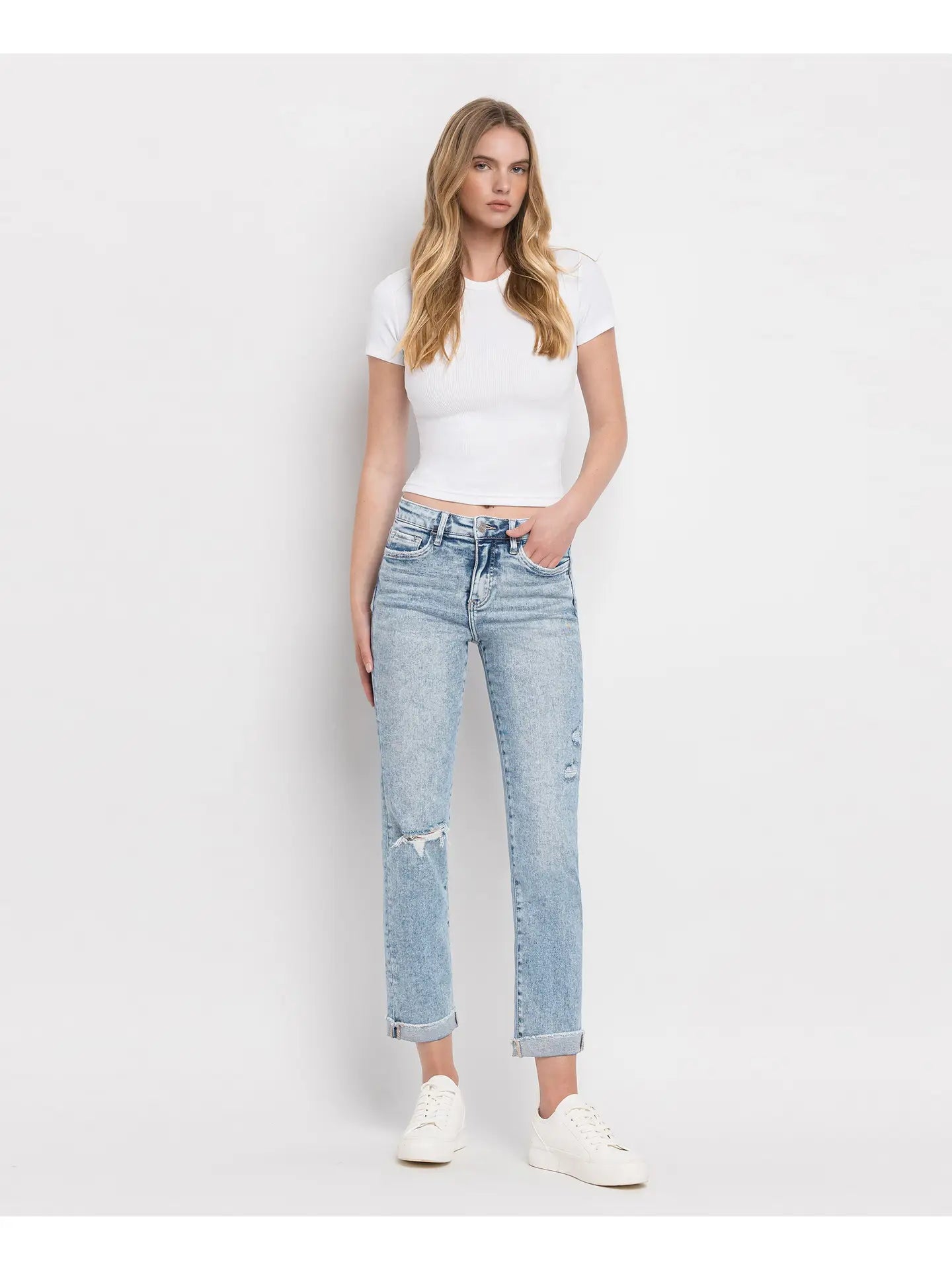 PREORDER: Tummy Control High Rise Cuff Slim Straight Jeans