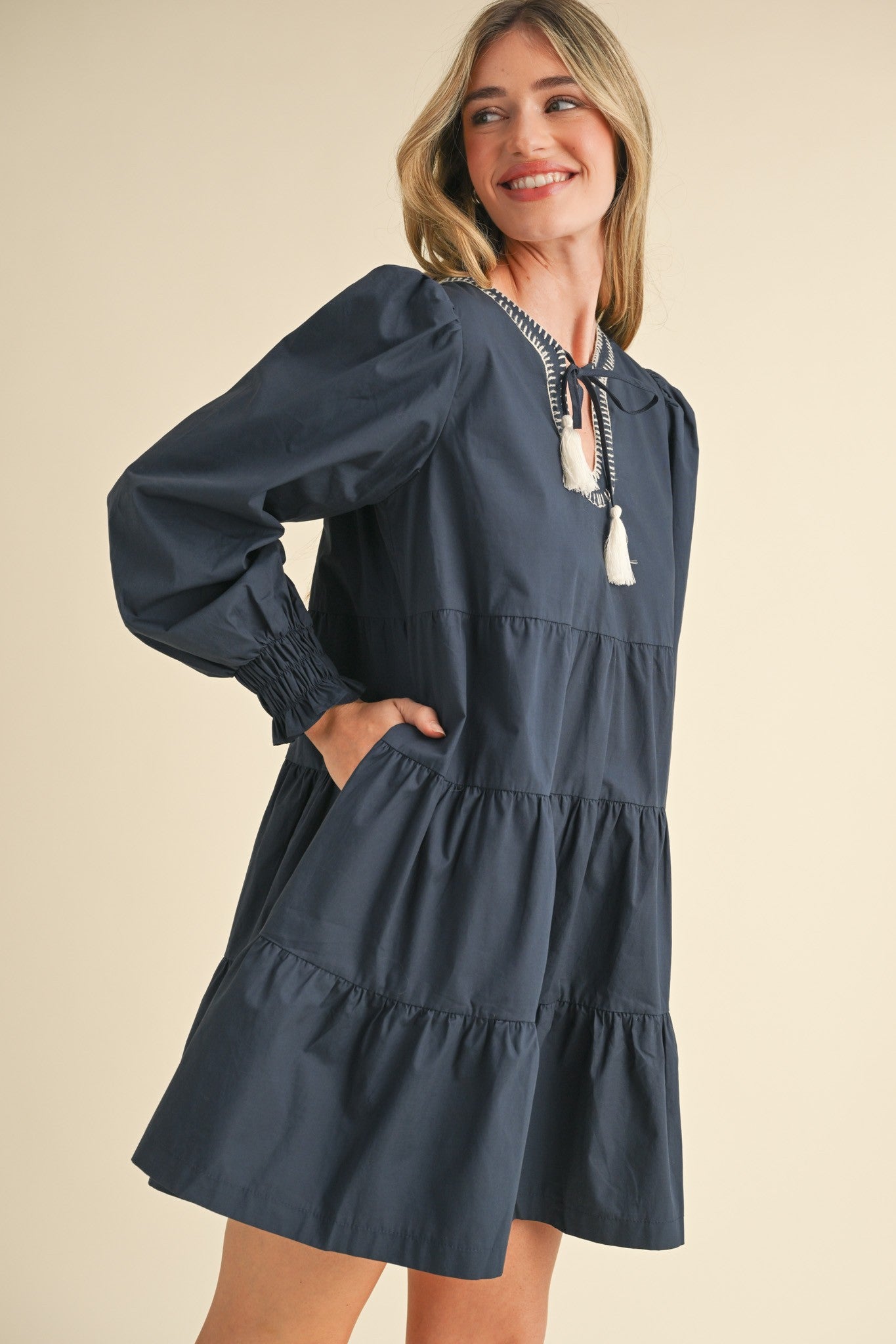 CONTRAST STITCH TASSEL TIE TIERED MINI DRESS
