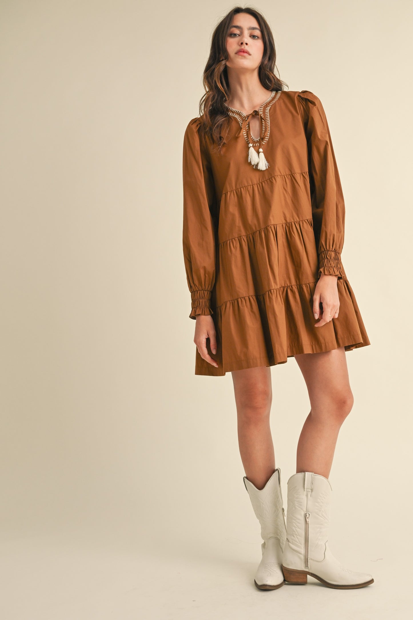 CONTRAST STITCH TASSEL TIE TIERED MINI DRESS