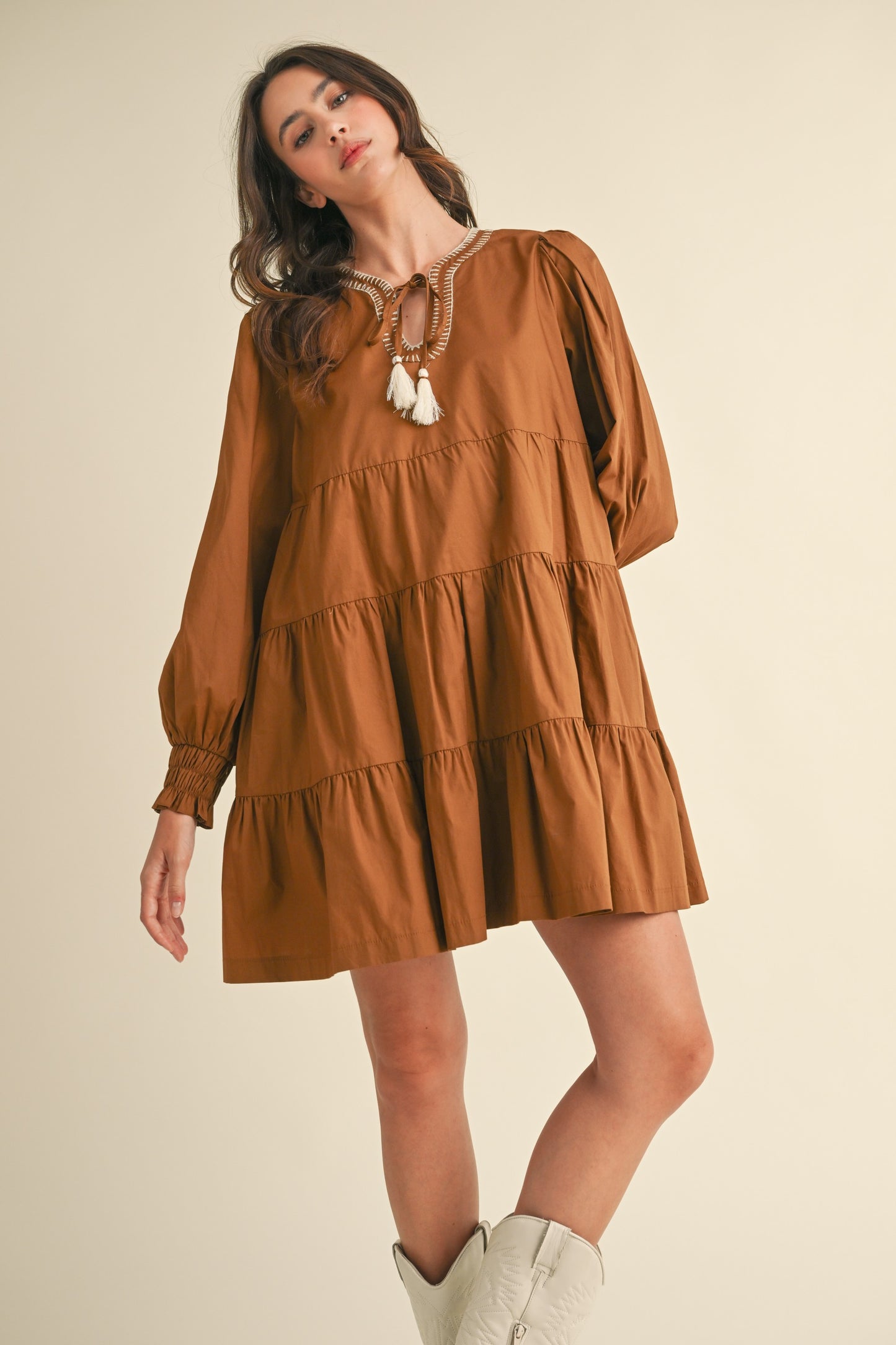 CONTRAST STITCH TASSEL TIE TIERED MINI DRESS