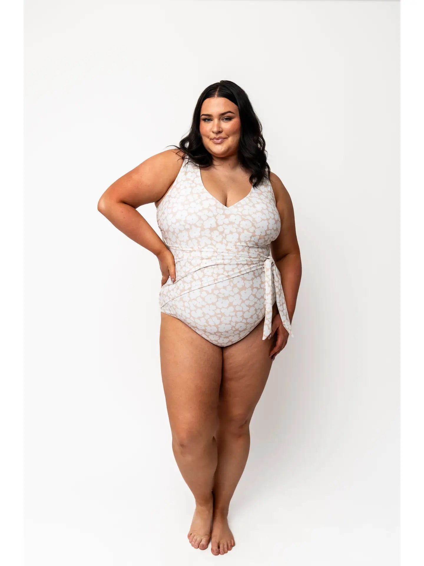 PREORDER: Tan Floral Wrap Front One Piece