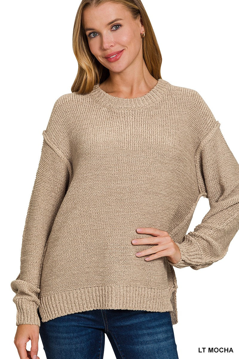 Zenana Exposed Seam Round Neck Sweater