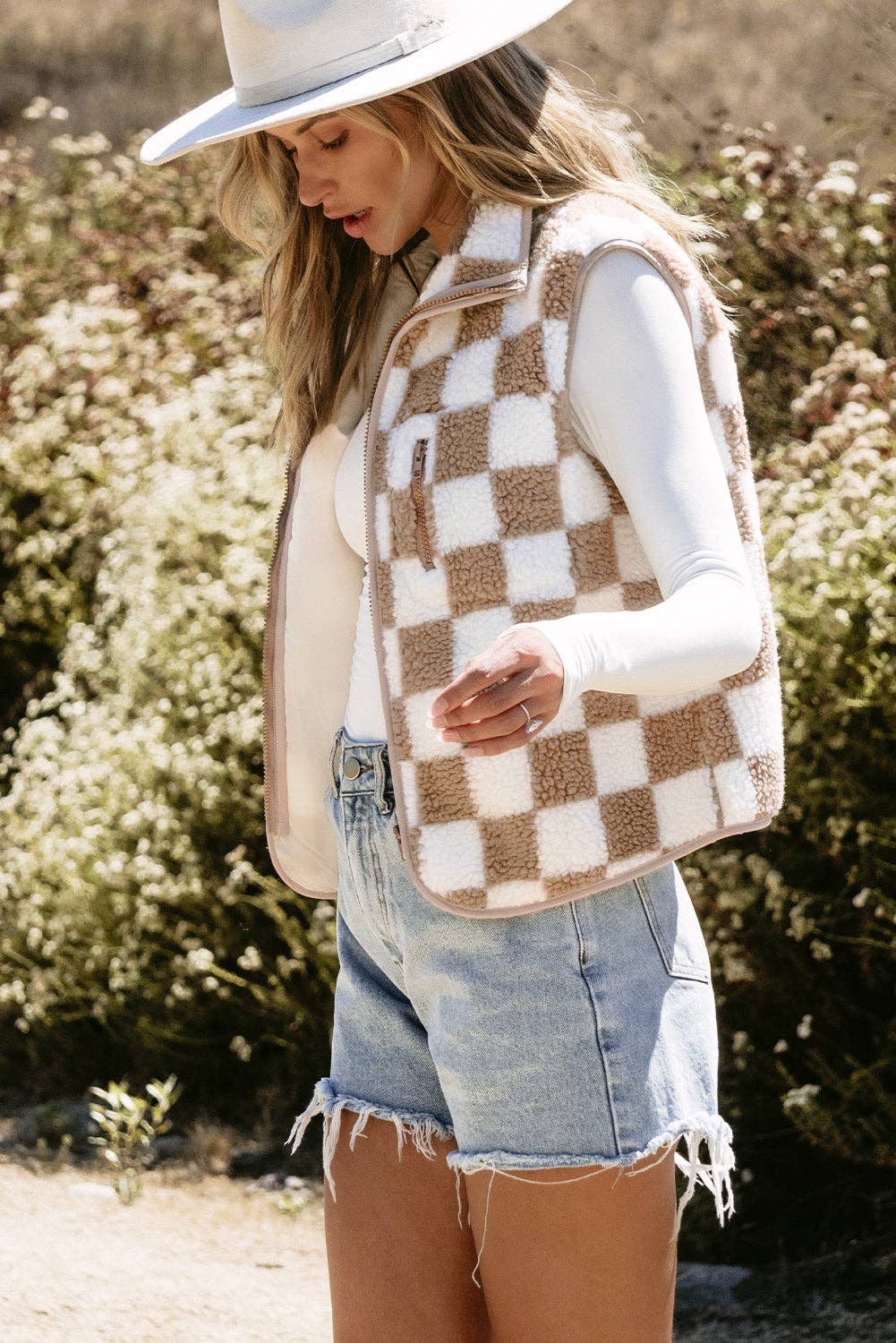 PREORDER: Khaki Checkered Sherpa Collared Jacket Vest