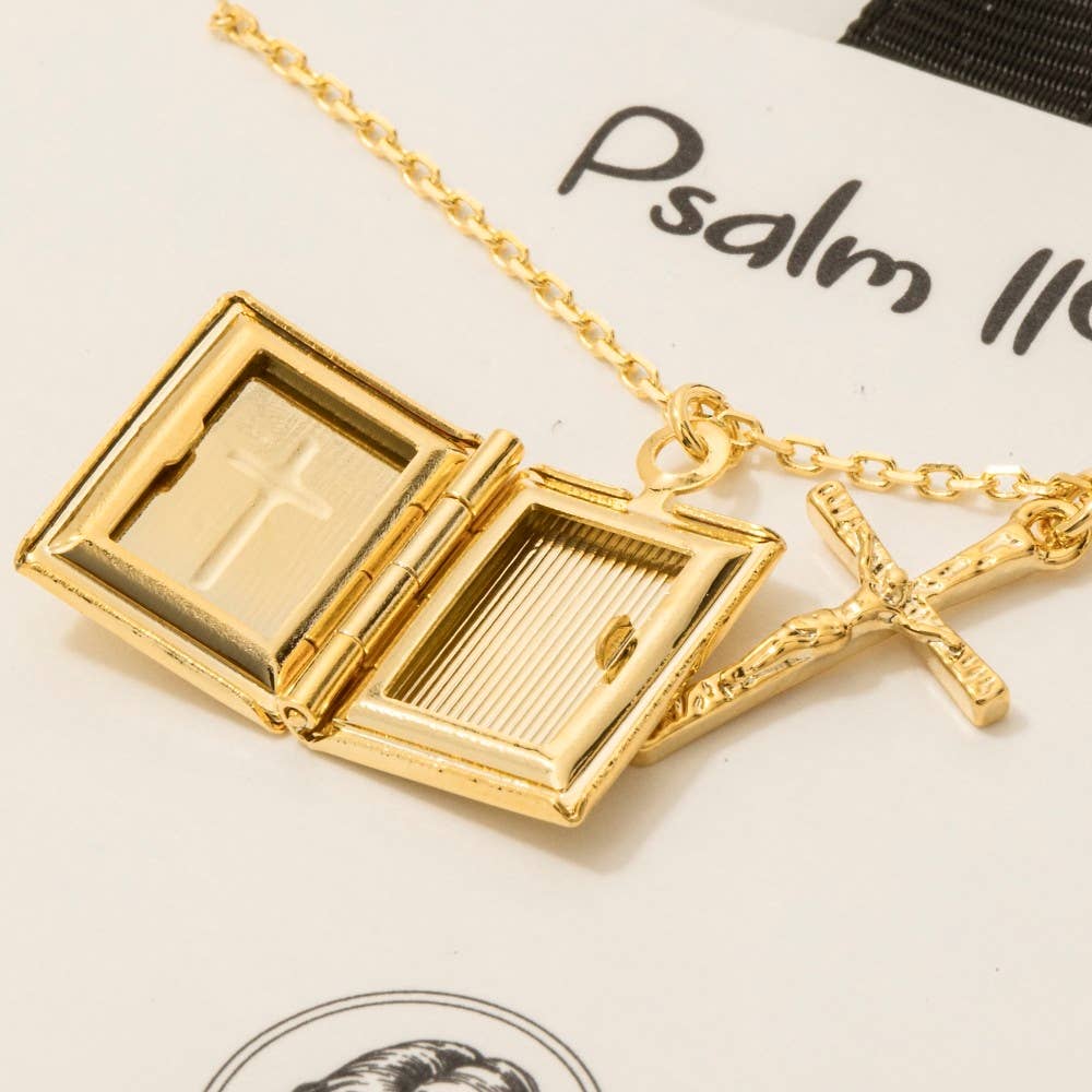 Gold Dipped Crucifix And Bible Locket Pendant Necklace