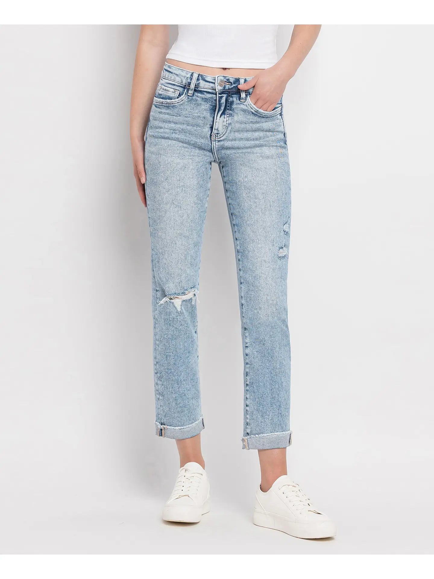 PREORDER: Tummy Control High Rise Cuff Slim Straight Jeans