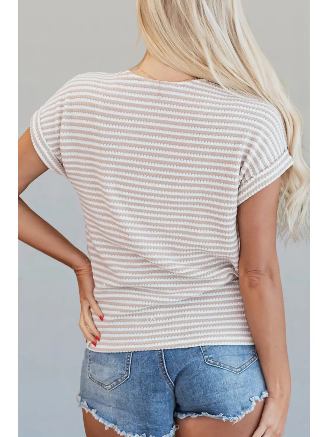 PREORDER: Casual Striped Knit Buttoned Front V Neck T Shirt