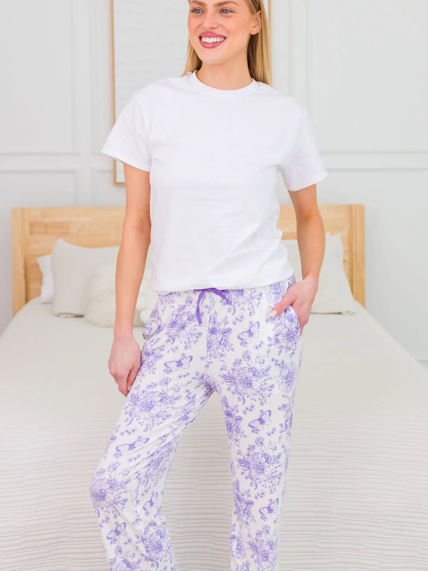PREORDER: Adult Wisteria Purple Butterfly Garden Toile Bamboo Viscose Pajama Pants
