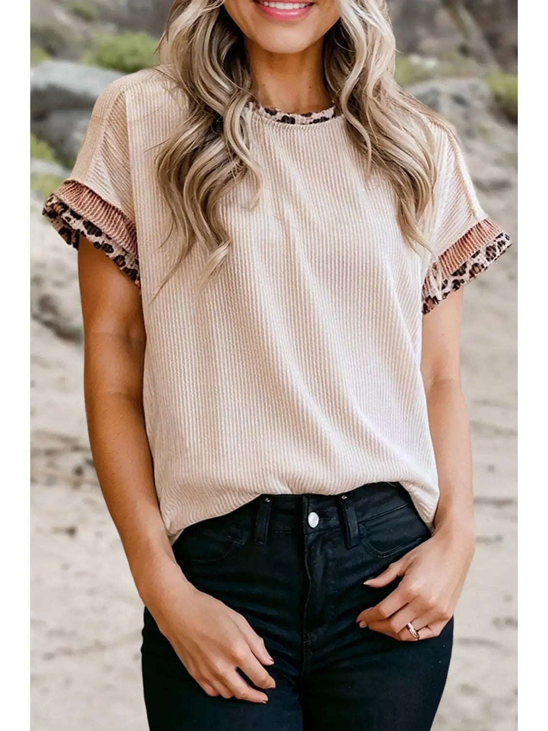 PREORDER: Leopard Patchwork Corded Knit T Shirt