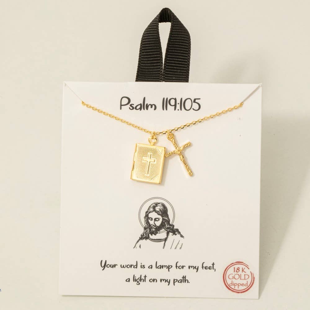Gold Dipped Crucifix And Bible Locket Pendant Necklace