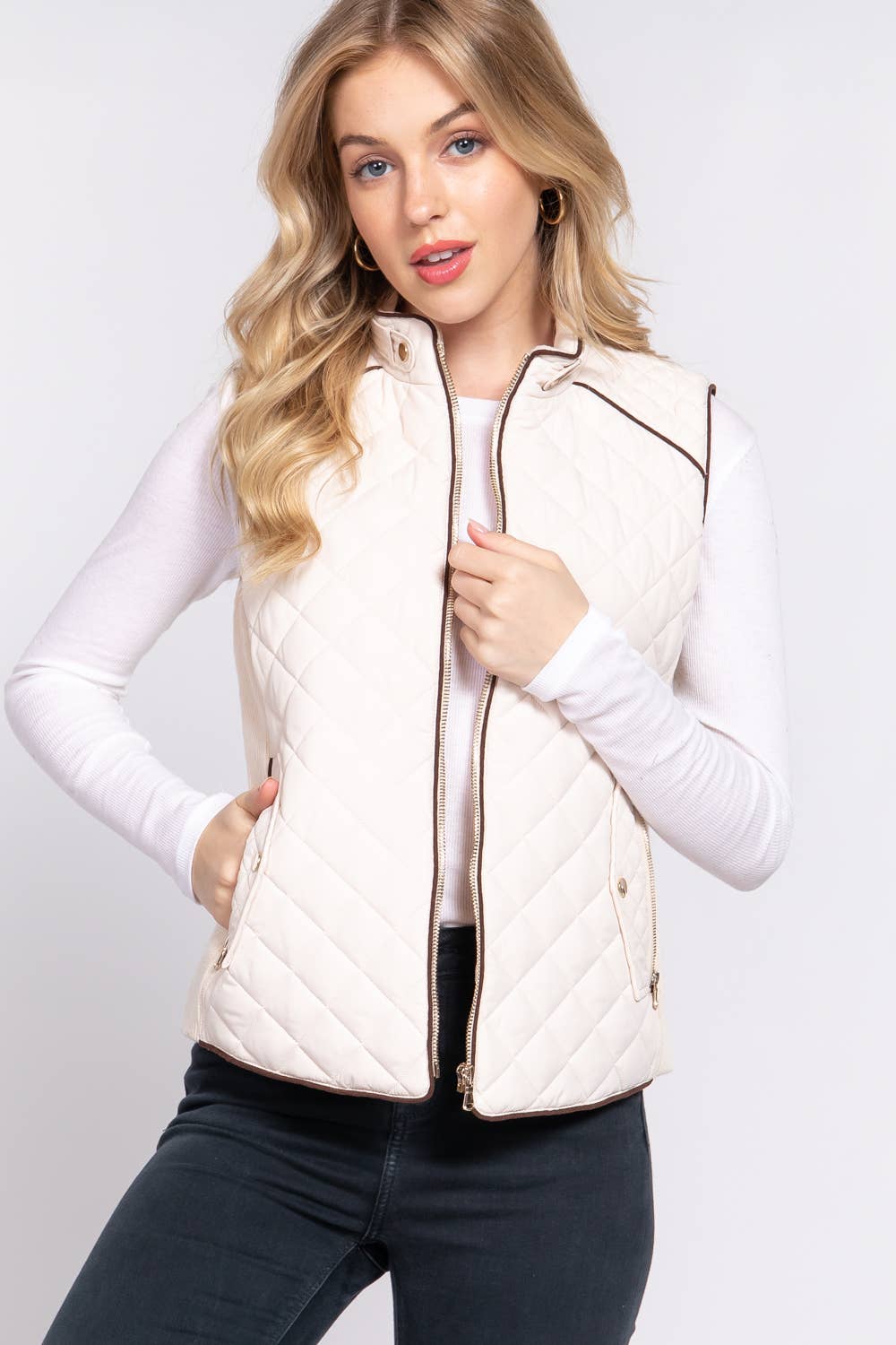 `Slim Fit Suede Piping Quilted Padding Vest