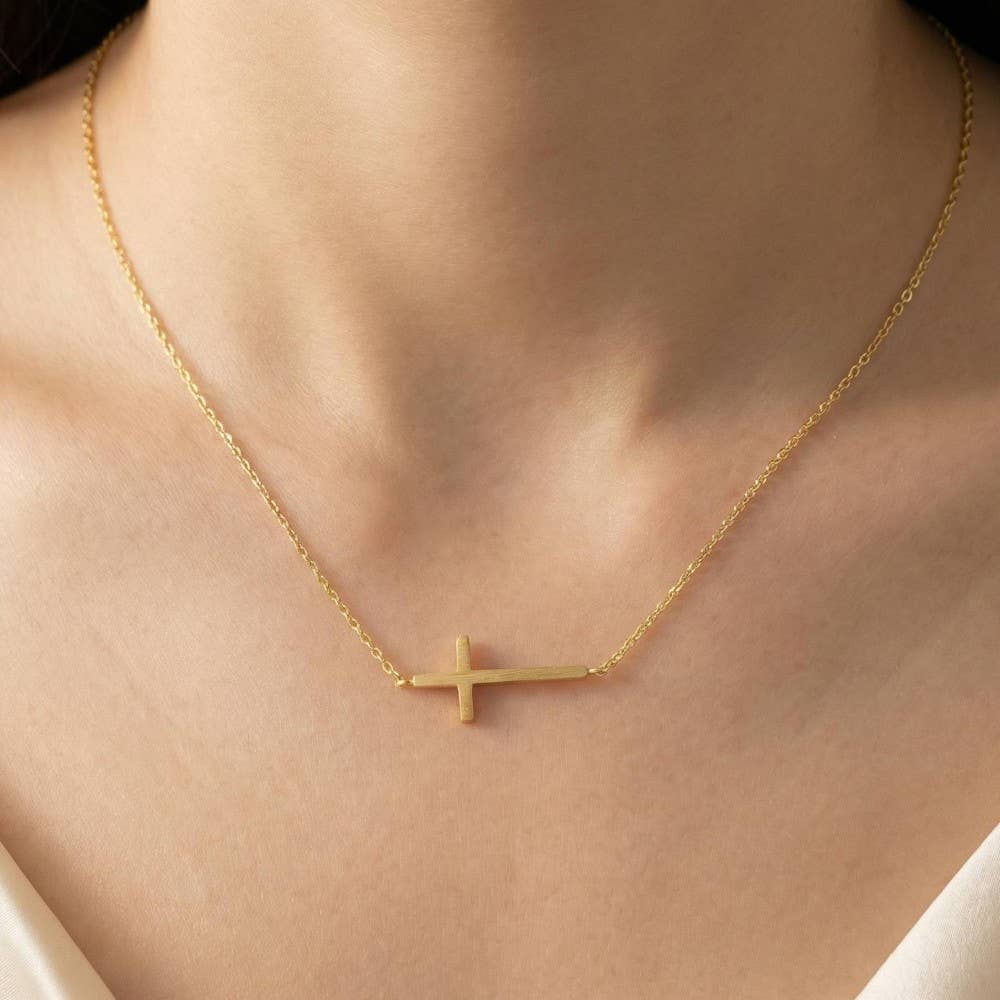 Gold Dipped Side Cross Pendant Necklace