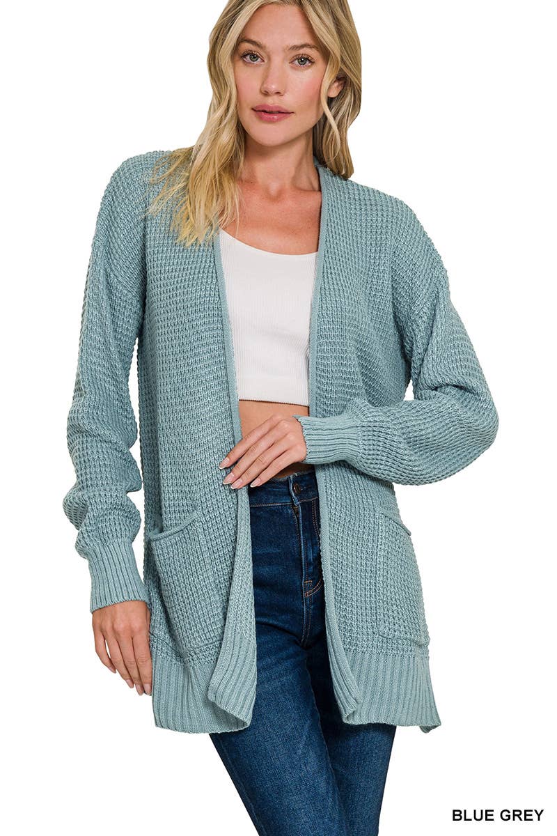 `Low Gauge Waffle Open Sweater Cardigan Zenana