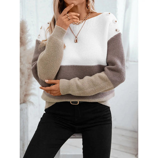 Loose Button Patchwork Contrasting Sweater