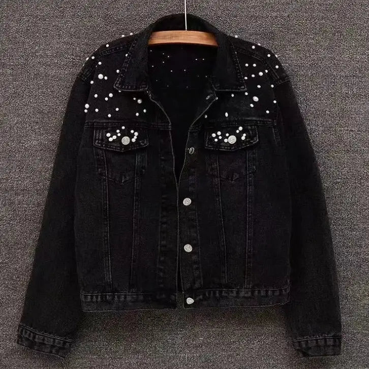 PREORDER: Fashion Beaded Pearl Cropped Denim Jacket