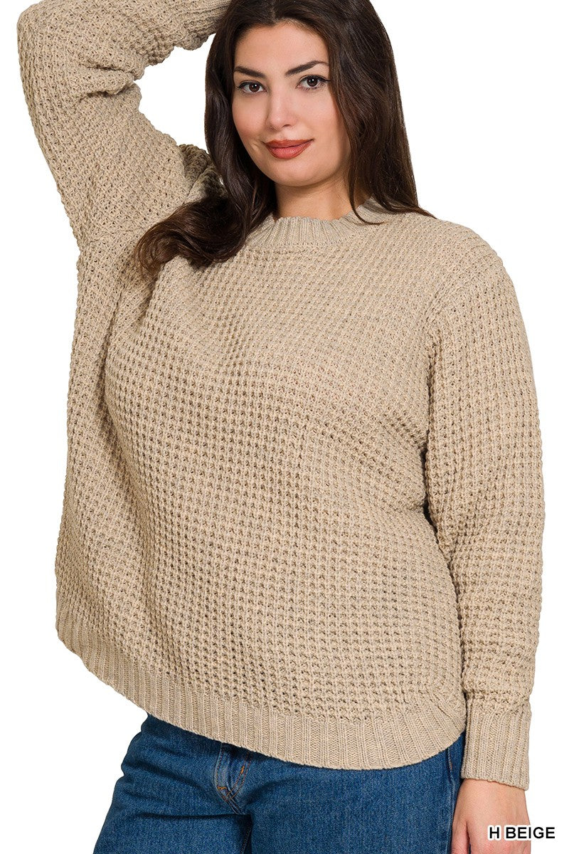 PREORDER: Zenana PLUS HI-LOW LONG SLEEVE ROUND NECK WAFFLE SWEATER