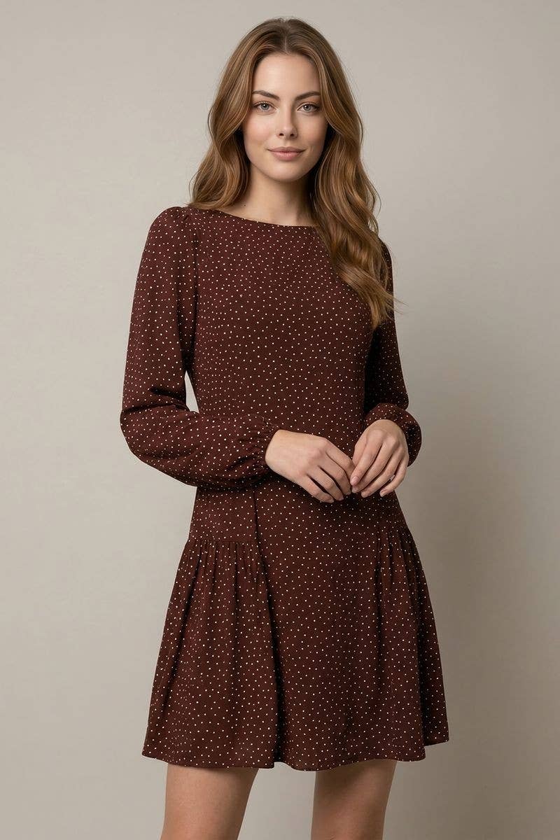 DROP WAIST POLKA DOT MINI DRESS W/ 3/4 SLV - 28478D