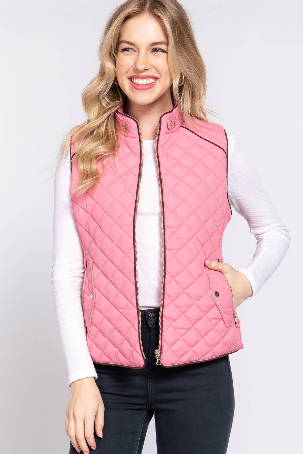 `Slim Fit Suede Piping Quilted Padding Vest