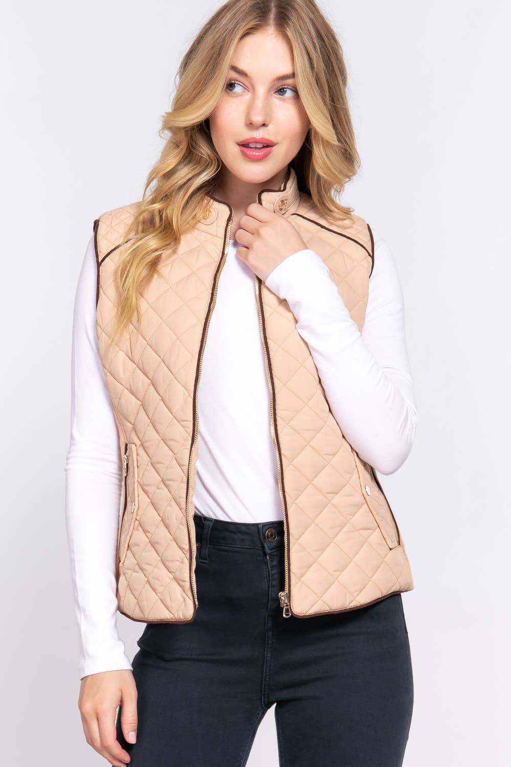 `Slim Fit Suede Piping Quilted Padding Vest