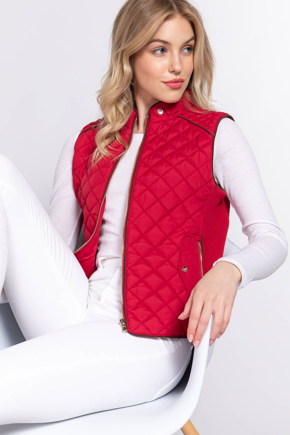 `Slim Fit Suede Piping Quilted Padding Vest