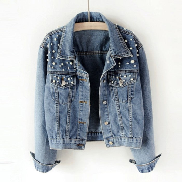 PREORDER: Fashion Beaded Pearl Cropped Denim Jacket