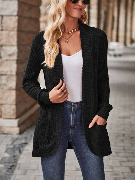 Solid Pit Stripe Matte Casual Long Sleeved Cardigan Jacket