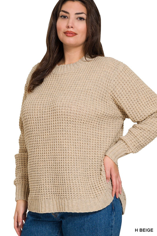 PREORDER: Zenana PLUS HI-LOW LONG SLEEVE ROUND NECK WAFFLE SWEATER