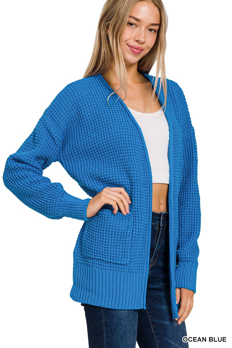 `Low Gauge Waffle Open Sweater Cardigan Zenana