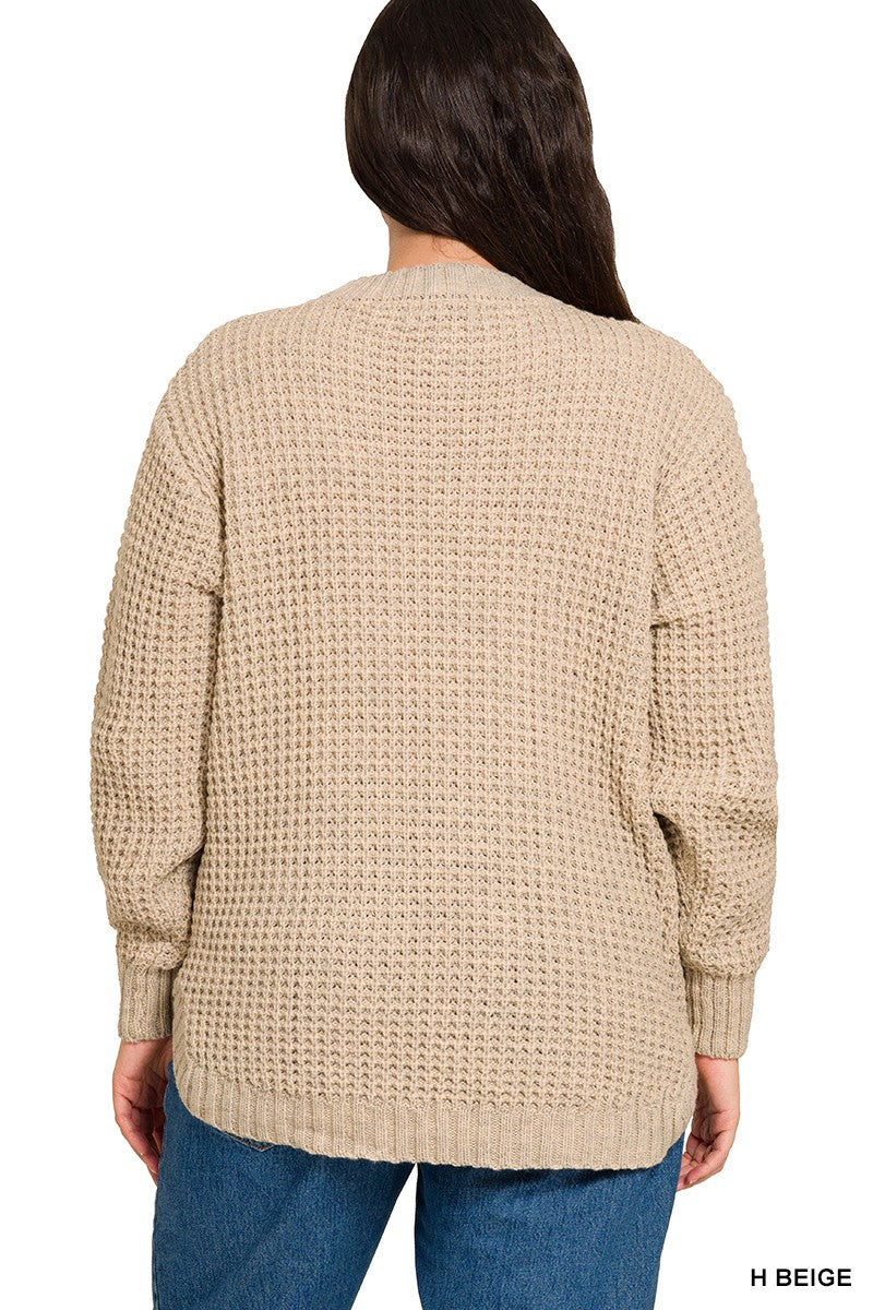 PREORDER: Zenana PLUS HI-LOW LONG SLEEVE ROUND NECK WAFFLE SWEATER