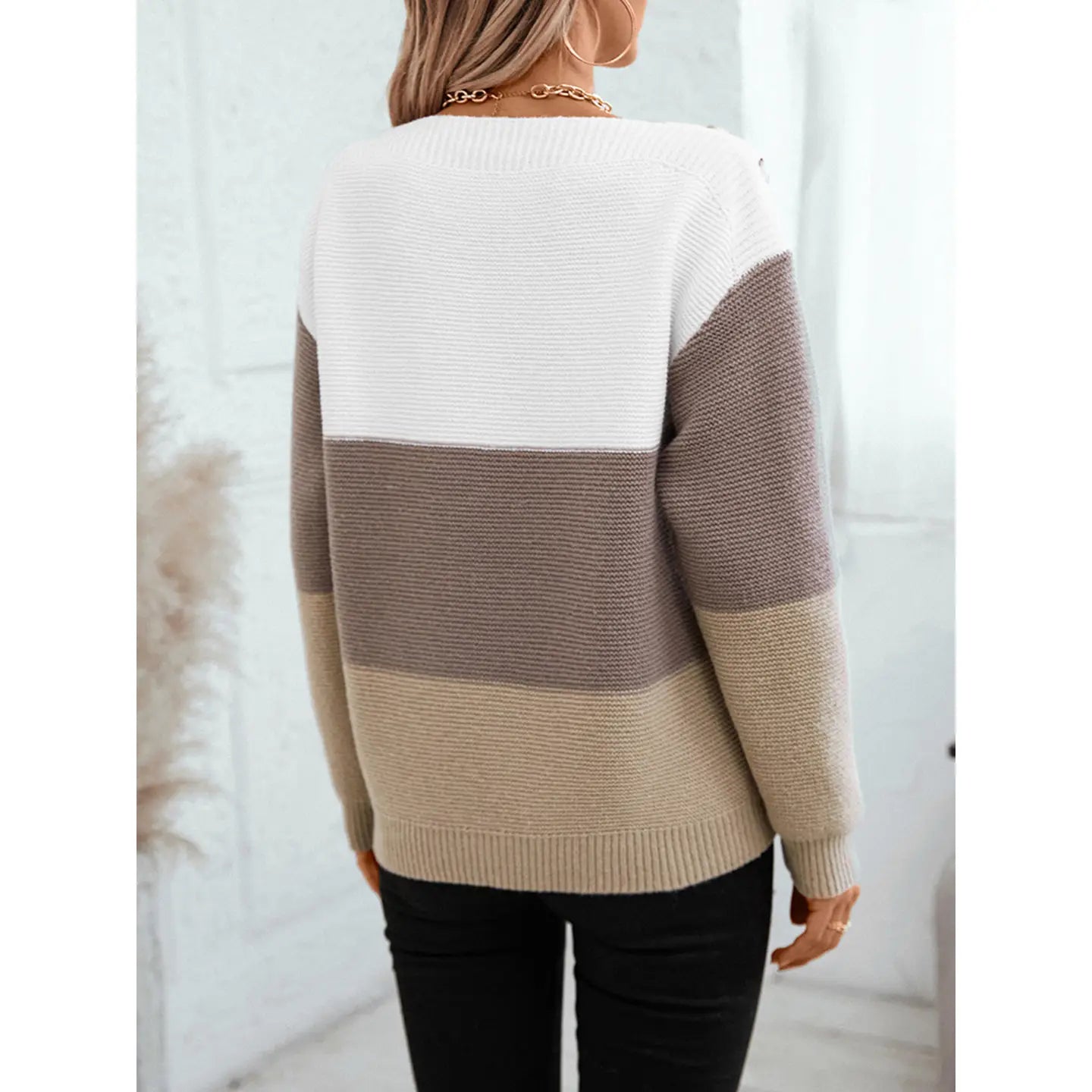 Loose Button Patchwork Contrasting Sweater