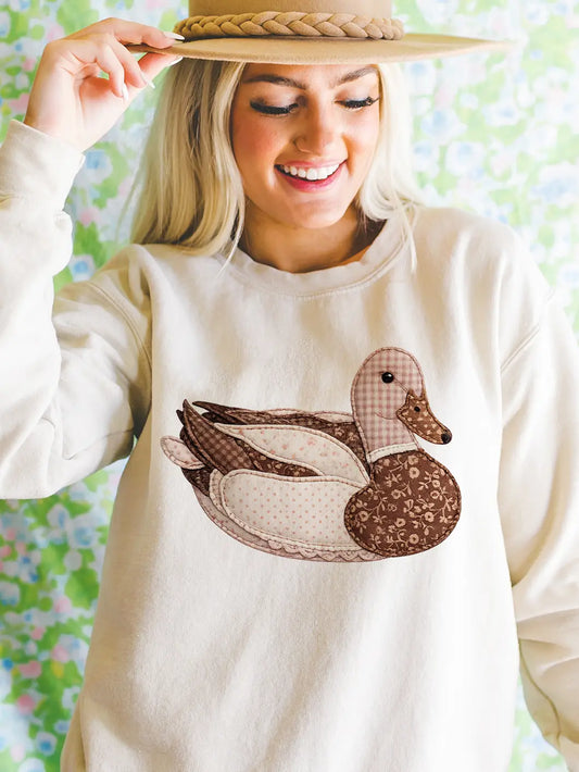 PREORDER: Mimis Vintage Faux Patchwork Brown Duck - Cream - Sweatshirts & T-Shirts
