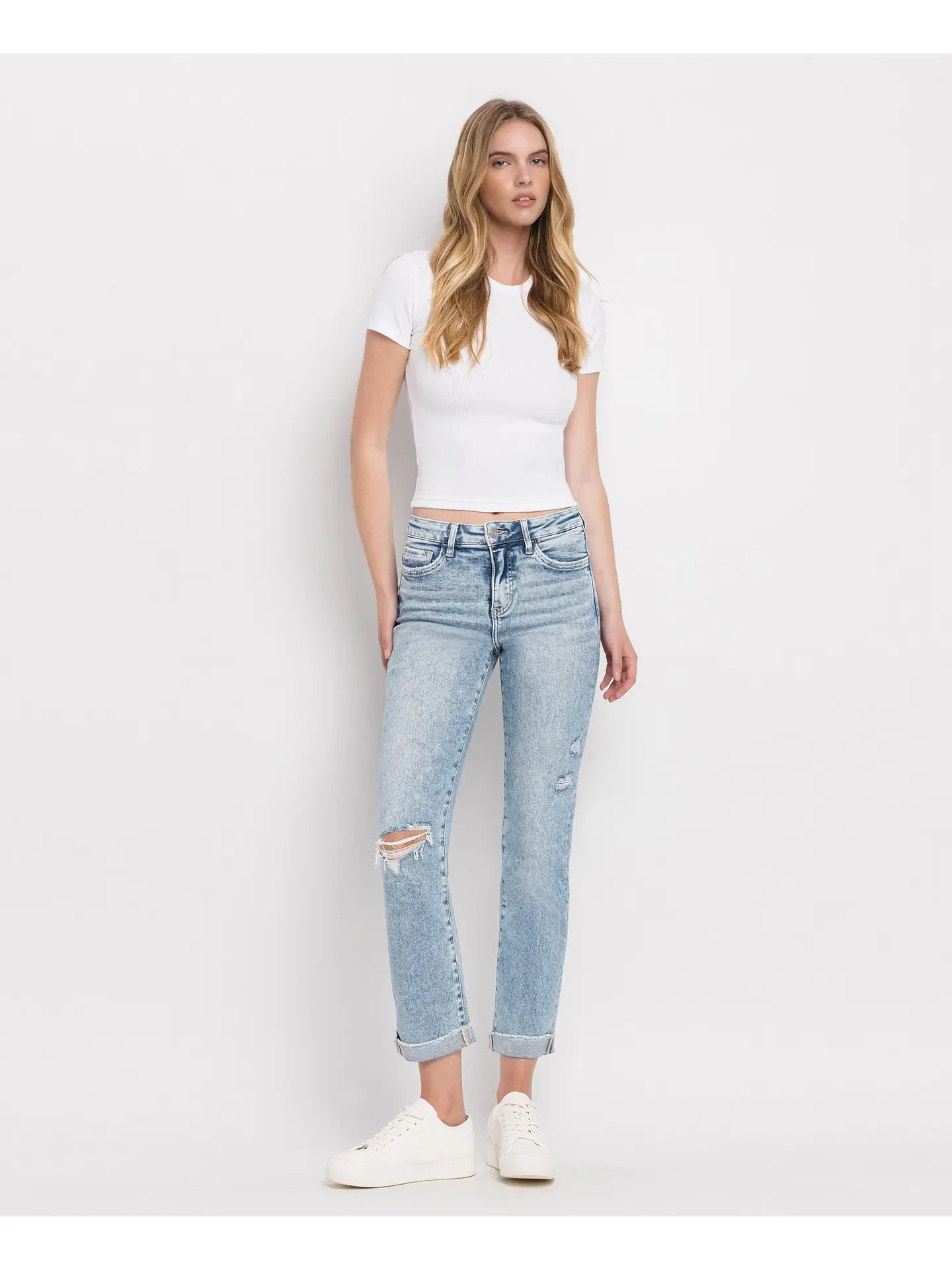 PREORDER: Tummy Control High Rise Cuff Slim Straight Jeans
