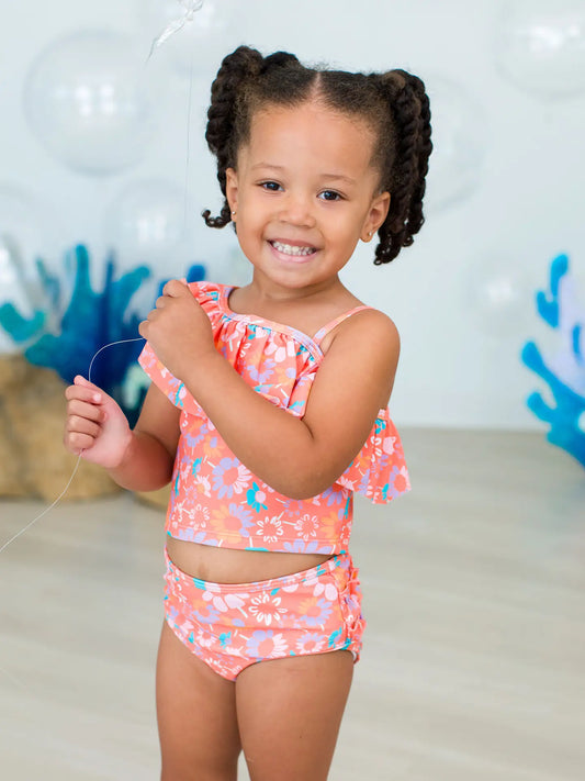 PREORDER: Girls Coral Floral One Shoulder Ruffle Tankini 2-Piece Swimsuit with Signature Rear Ruffles