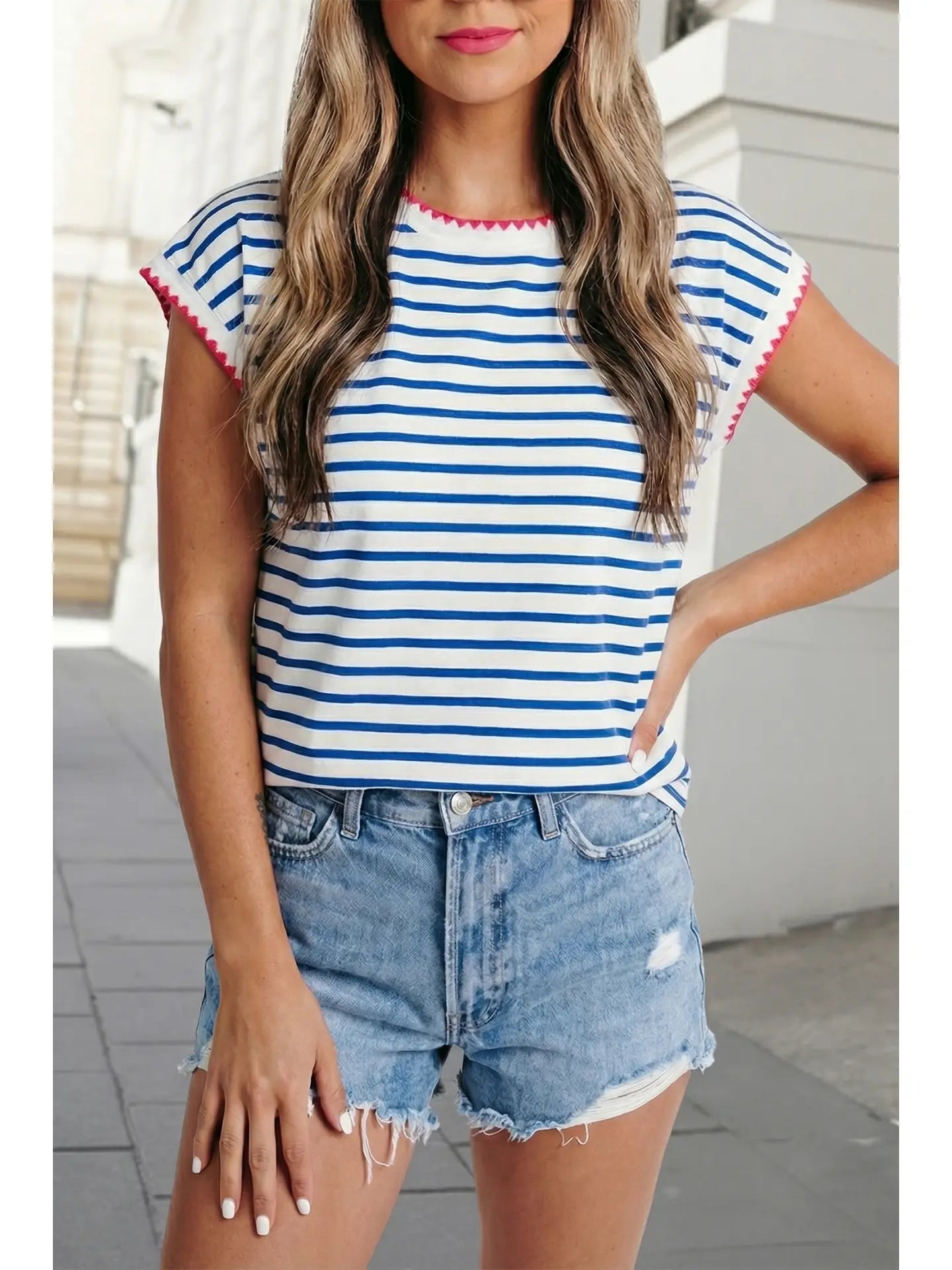 PREORDER: Stripe Contrast Cap Sleeve Tee | S-Xl