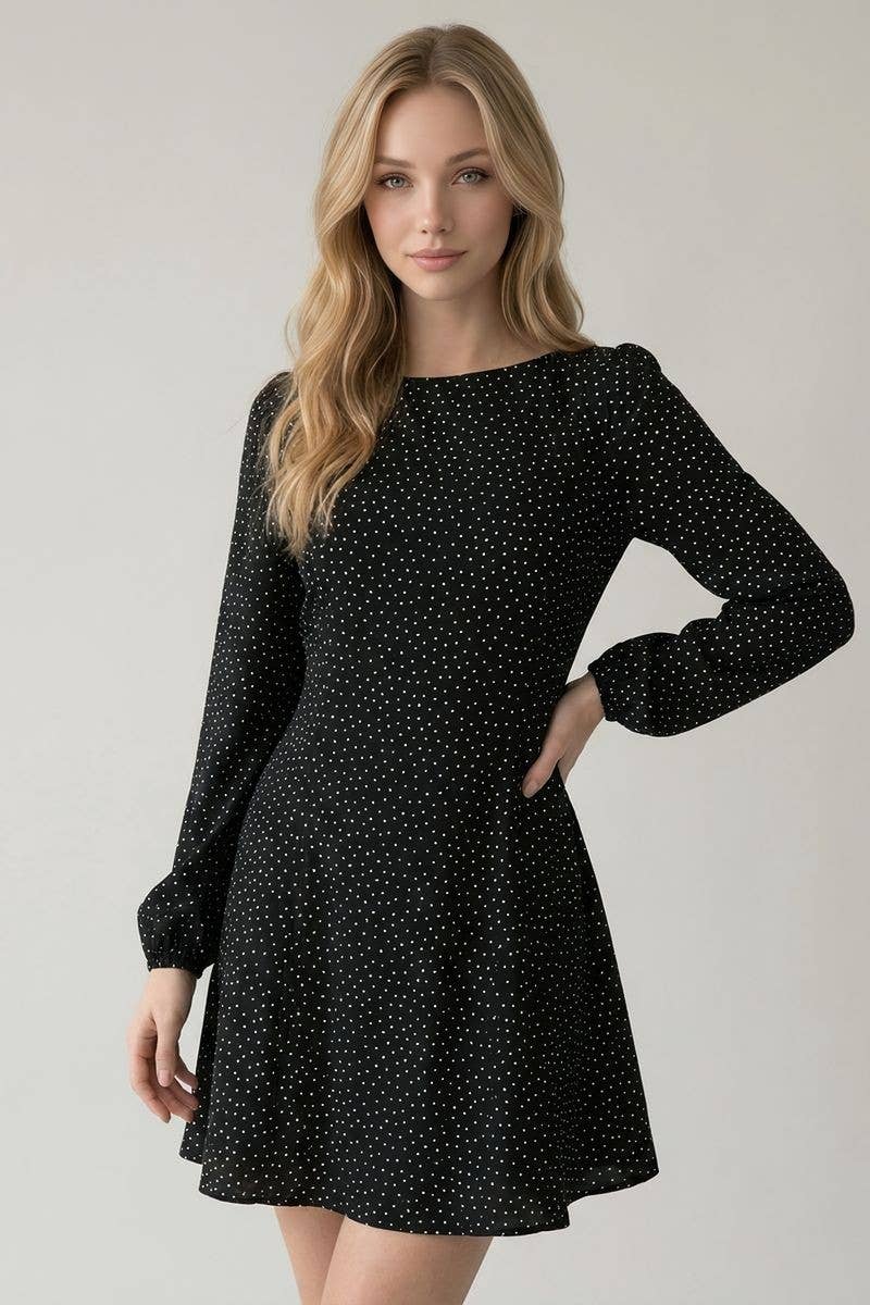 DROP WAIST POLKA DOT MINI DRESS W/ 3/4 SLV - 28478D
