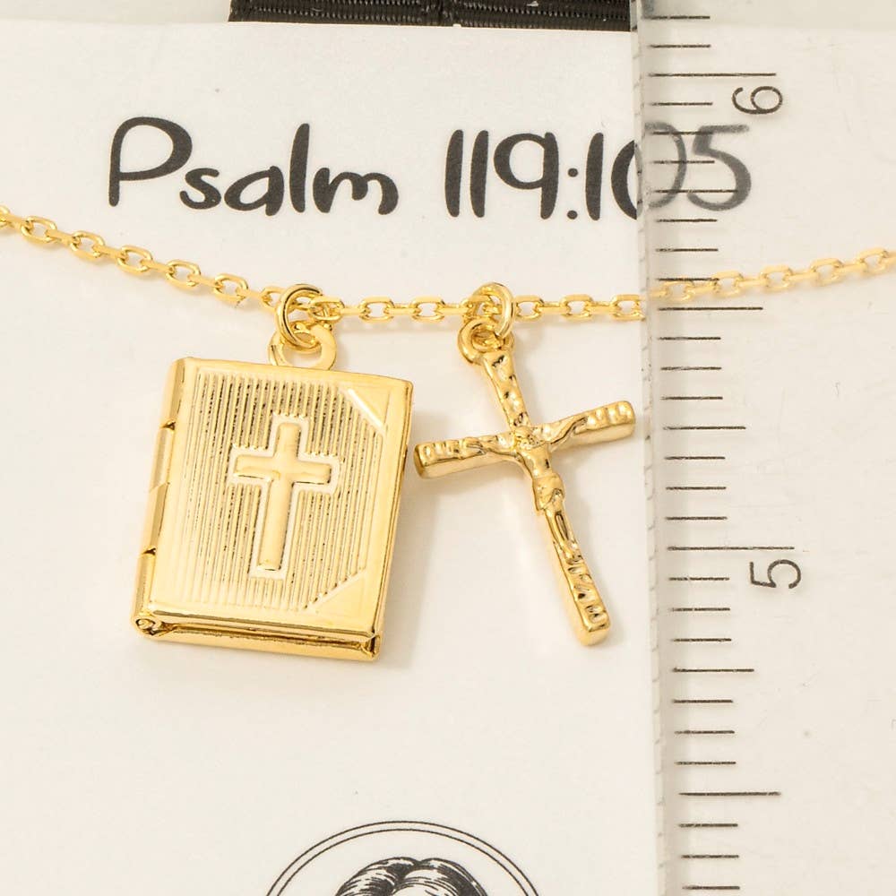 Gold Dipped Crucifix And Bible Locket Pendant Necklace