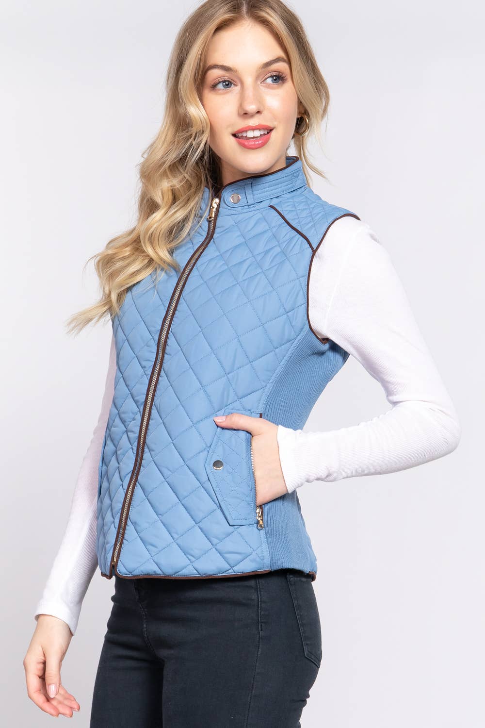 `Slim Fit Suede Piping Quilted Padding Vest