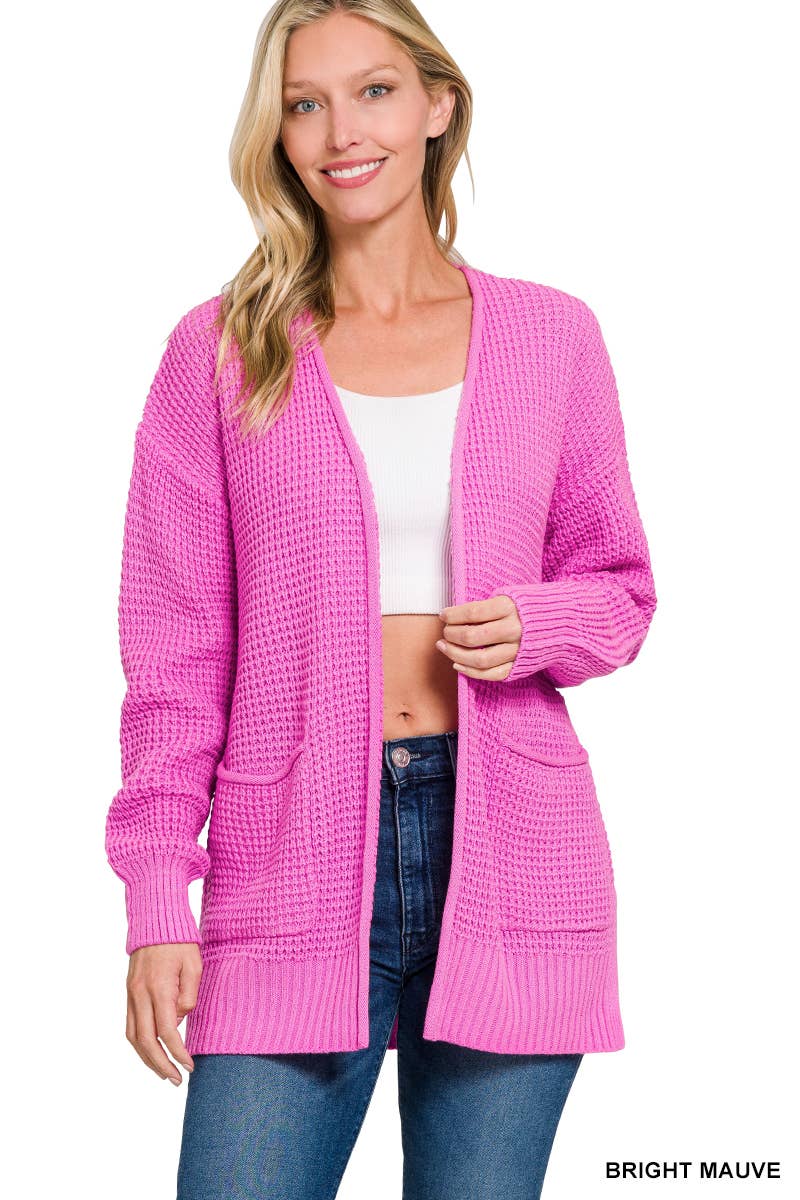 `Low Gauge Waffle Open Sweater Cardigan Zenana