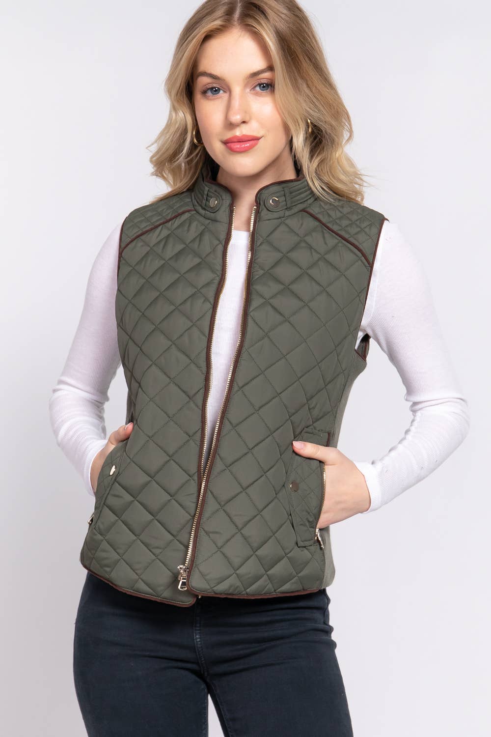 `Slim Fit Suede Piping Quilted Padding Vest