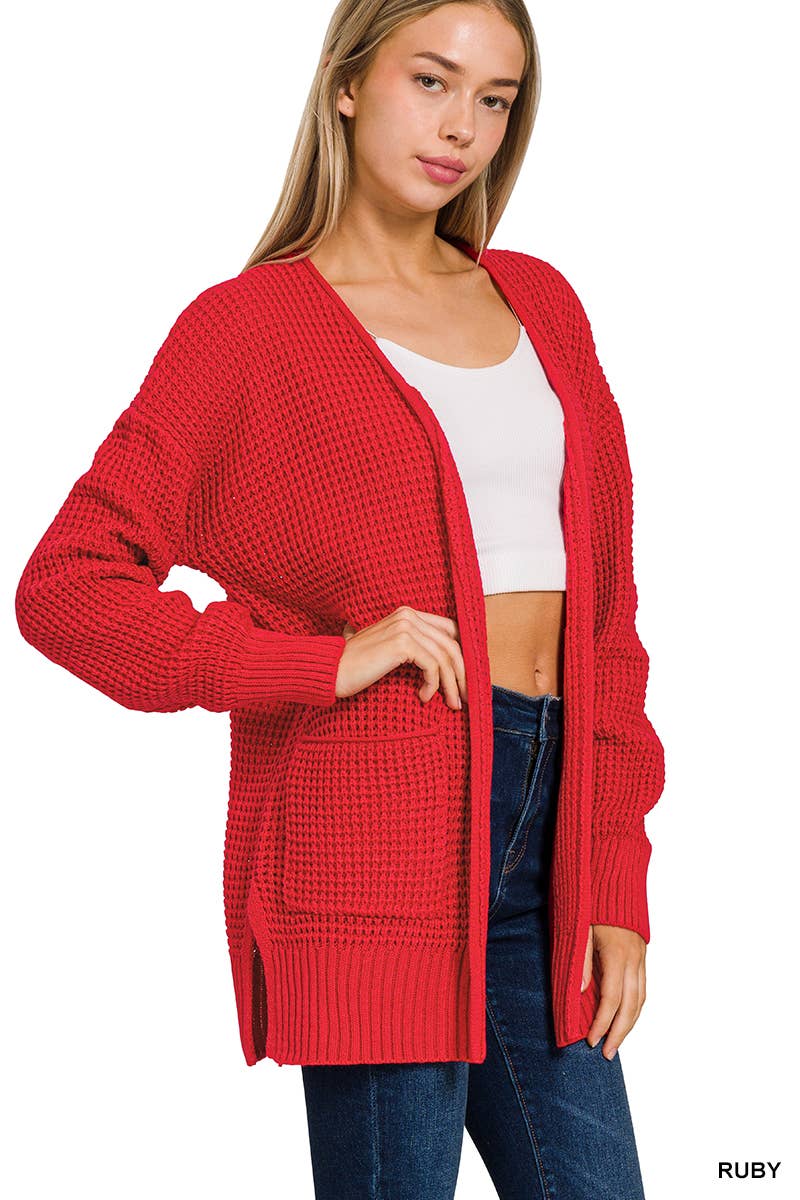 `Low Gauge Waffle Open Sweater Cardigan Zenana