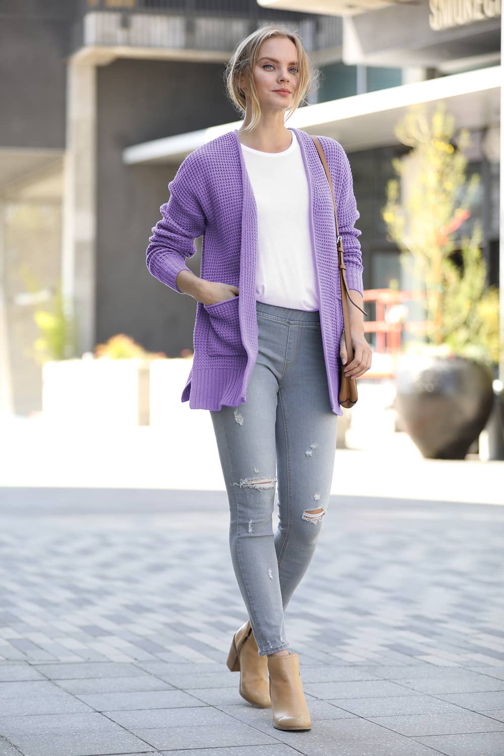 `Low Gauge Waffle Open Sweater Cardigan Zenana