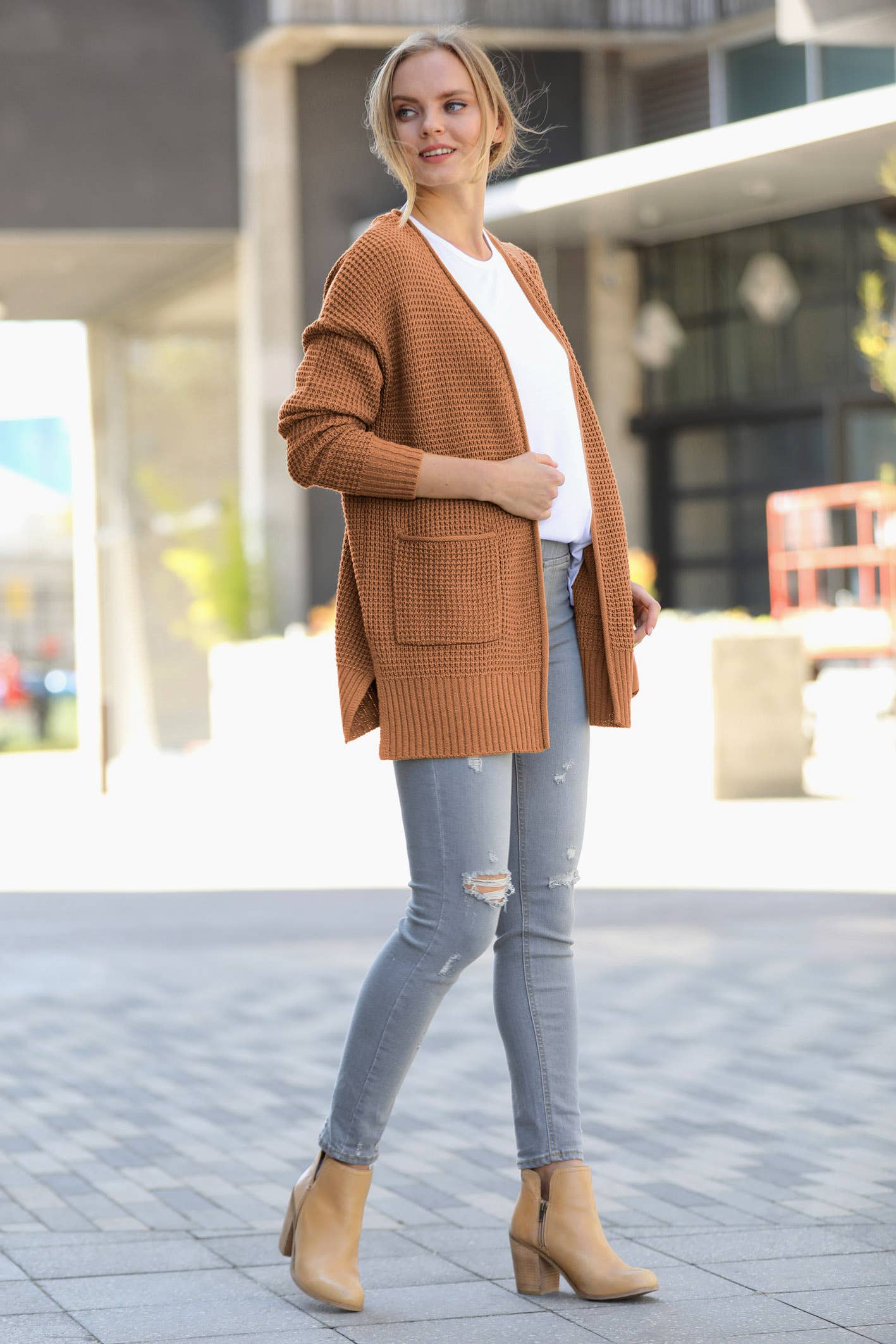 `Low Gauge Waffle Open Sweater Cardigan Zenana