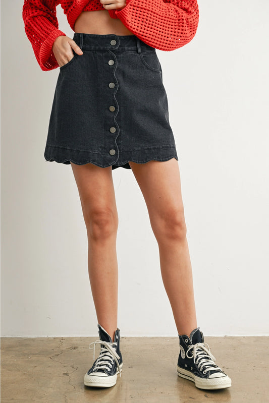 PREORDER: Buttoned Scallop Denim Skirt