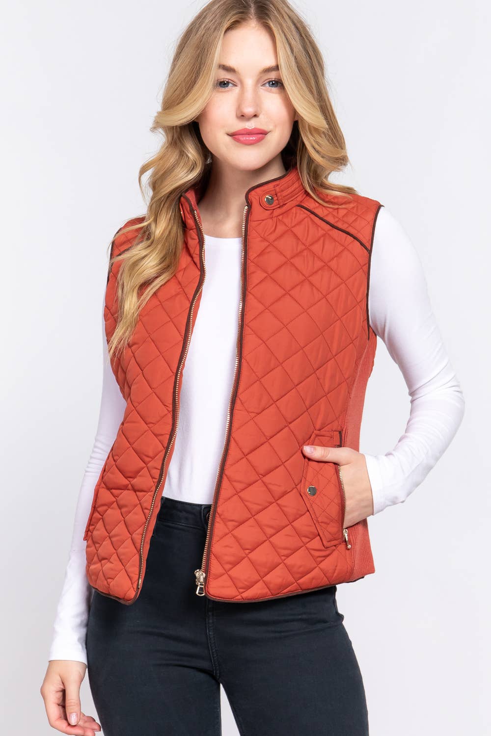 `Slim Fit Suede Piping Quilted Padding Vest