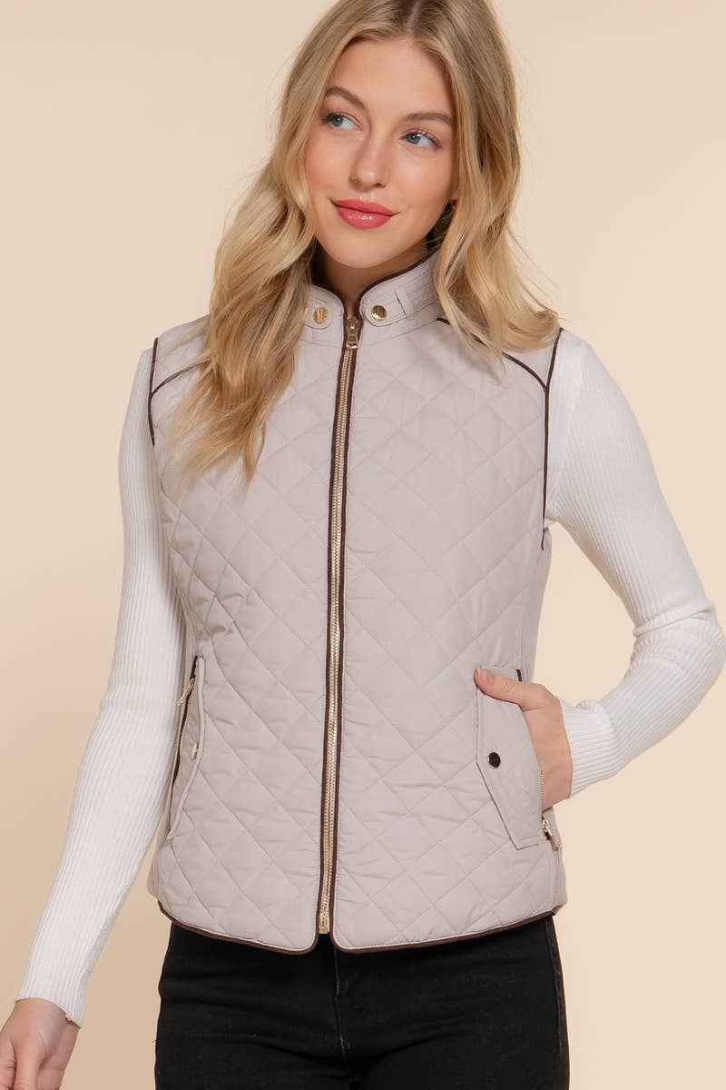 `Slim Fit Suede Piping Quilted Padding Vest