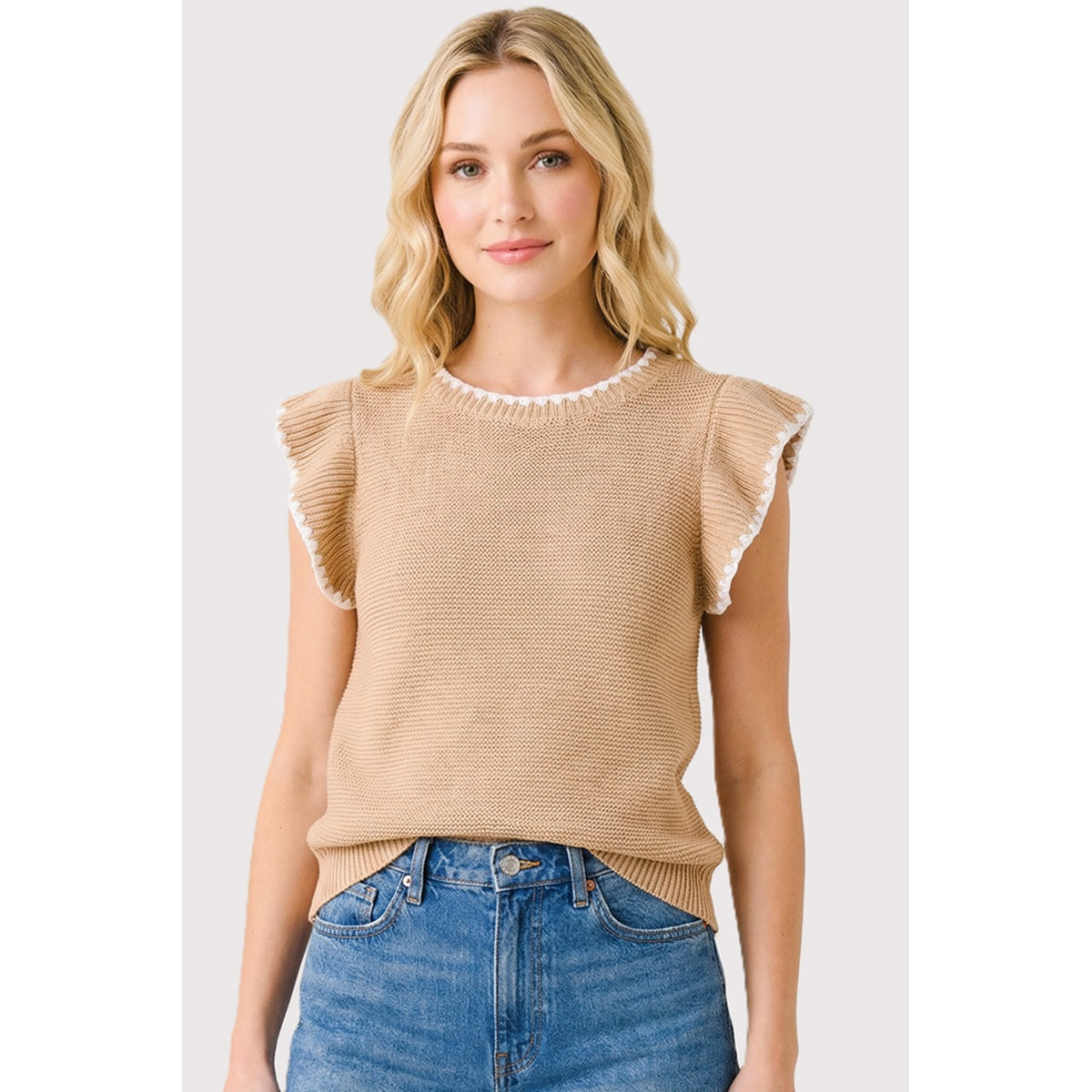 PREORDER: Blanket Stitched Ruffle Sleeve Sweater