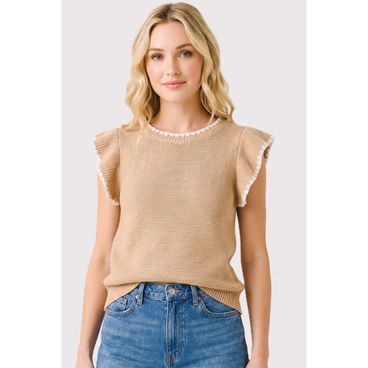 PREORDER: Blanket Stitched Ruffle Sleeve Sweater