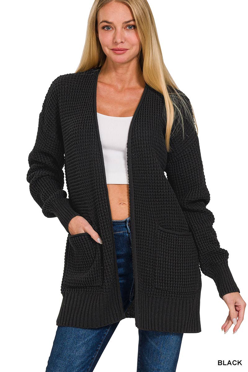 `Low Gauge Waffle Open Sweater Cardigan Zenana