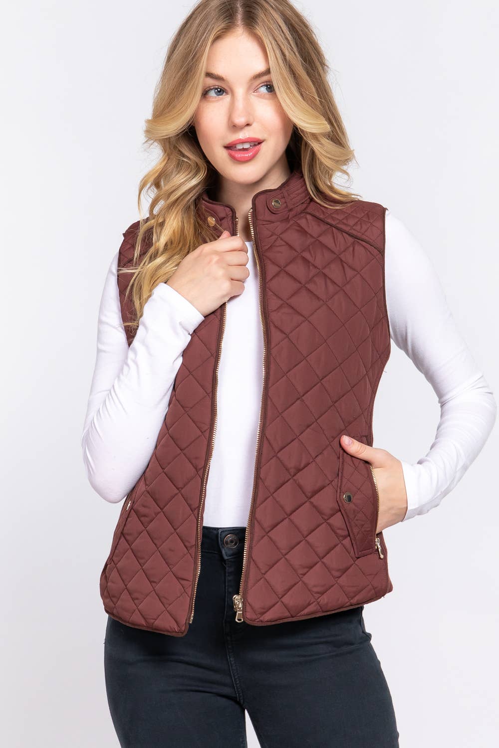 `Slim Fit Suede Piping Quilted Padding Vest